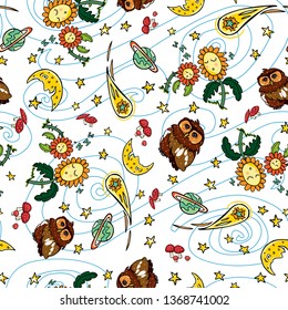 Vector colorful owl comet and moon repeat pattern with white background. Suitable for gift wrap, textile and wallpaper. Surface pattern design.