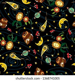 Vector colorful owl comet and moon repeat pattern with black background. Suitable for gift wrap, textile and wallpaper. Surface pattern design.