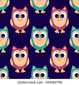 Vector colorful owls seamless background. Owl pattern. Owl vector.