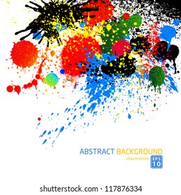 Vector colorful paint drops ink splashes Grunge illustration background.