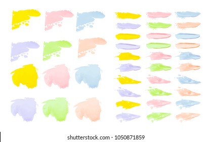 Vector colorful paint smear stroke stain set. Abstract textured art illustration. Acrylic Texture Paint Stain Illustration. Hand drawn brush strokes vector elements. Spring and summer colors.
