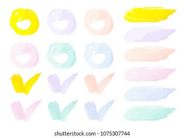 Vector colorful paint smear stroke stain set. Abstract textured art illustration. Acrylic Texture Paint Stain Illustration. Hand drawn brush strokes vector elements. Spring and summer colors.