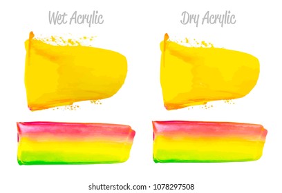 Vector colorful paint smear stroke stain set. Abstract acrylic textured art illustration. Texture Paint Stain Illustration. Hand drawn brush strokes vector elements. Purple, yellow, green colors.