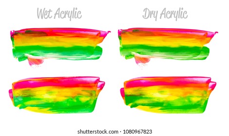 Vector colorful paint smear stroke stain set. Abstract acrylic textured art illustration. Texture Paint Stain Illustration. Hand drawn brush strokes vector elements. Purple, yellow, green colors.