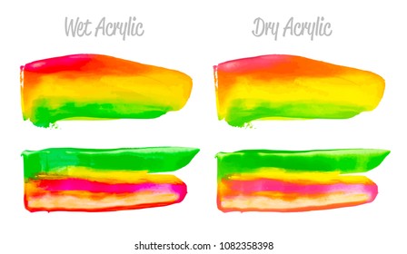 Vector colorful paint smear stroke stain set. Abstract acrylic textured art illustration. Texture Paint Stain Illustration. Hand drawn brush strokes vector elements. Purple, yellow, green colors.