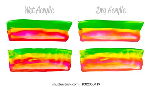 Vector colorful paint smear stroke stain set. Abstract acrylic textured art illustration. Texture Paint Stain Illustration. Hand drawn brush strokes vector elements. Purple, yellow, green colors.