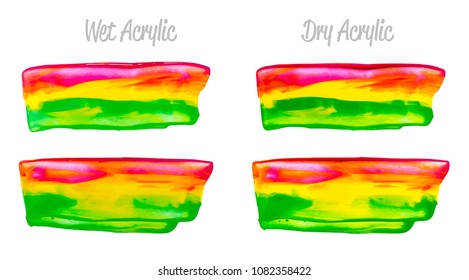 Vector colorful paint smear stroke stain set. Abstract acrylic textured art illustration. Texture Paint Stain Illustration. Hand drawn brush strokes vector elements. Purple, yellow, green colors.