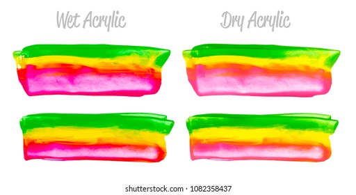 Vector colorful paint smear stroke stain set. Abstract acrylic textured art illustration. Texture Paint Stain Illustration. Hand drawn brush strokes vector elements. Purple, yellow, green colors.