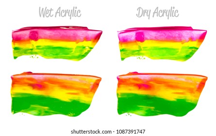Vector colorful paint smear stroke stain set. Abstract acrylic textured art illustration. Texture Paint Stain Illustration. Hand drawn brush strokes vector elements. Purple, yellow, green colors.
