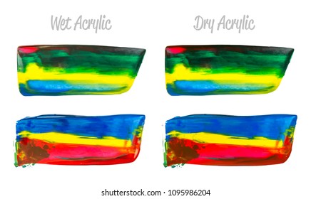Vector colorful paint smear stroke stain set. Abstract acrylic textured art illustration. Texture Paint Stain Illustration. Hand drawn brush strokes vector elements. Red, green, blue colors.