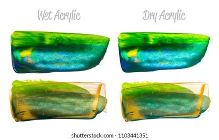 Vector colorful paint smear stroke stain set. Abstract acrylic textured art illustration. Texture Paint Stain Illustration. Hand drawn brush strokes vector elements. Yellow, green, blue colors.