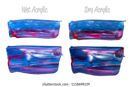 Vector colorful paint smear stroke stain set. Abstract acrylic textured art illustration. Texture Paint Stain Illustration. Hand drawn brush strokes vector elements. Red, violet, blue colors.