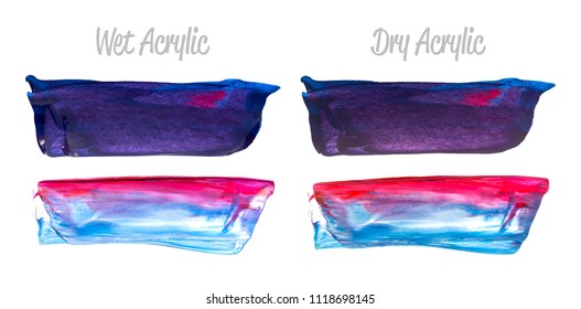 Vector colorful paint smear stroke stain set. Abstract acrylic textured art illustration. Texture Paint Stain Illustration. Hand drawn brush strokes vector elements. Red, violet, blue colors.