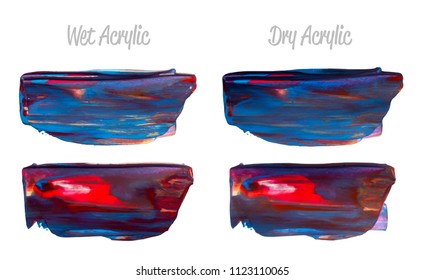 Vector colorful paint smear stroke stain set. Abstract acrylic art illustration. Texture Paint Stain Illustration. Hand drawn brush strokes vector elements. Red, violet, blue colors.