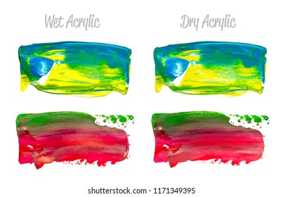 Vector colorful paint smear stroke stain set. Abstract acrylic textured art illustration. Texture Paint Stain Illustration. Hand drawn brush strokes vector elements. Yellow, green, blue and red colors