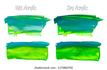 Vector colorful paint smear stroke stain set. Abstract acrylic textured art illustration. Texture Paint Stain Illustration. Hand drawn brush strokes vector elements. Yellow, green, blue colors.
