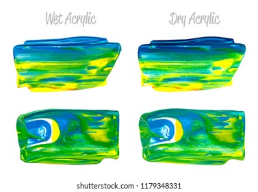 Vector colorful paint smear stroke stain set. Abstract acrylic textured art illustration. Texture Paint Stain Illustration. Hand drawn brush strokes vector elements. Yellow, green, blue colors.