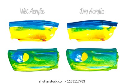 Vector colorful paint smear stroke stain set. Abstract acrylic textured art illustration. Texture Paint Stain Illustration. Hand drawn brush strokes vector elements. Yellow, green, blue colors.