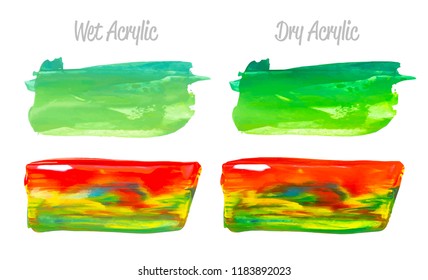 Vector colorful paint smear stroke stain set. Abstract acrylic textured art illustration. Texture Paint Stain Illustration. Hand drawn brush strokes vector elements. Yellow, green, blue and red colors