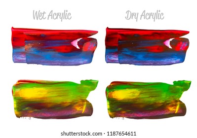 Vector colorful paint smear stroke stain set. Abstract acrylic textured art illustration. Texture Paint Stain Illustration. Hand drawn brush strokes vector elements. Yellow, green, blue and red colors