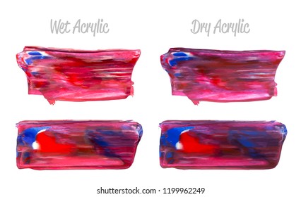 Vector colorful paint smear stroke stain set. Abstract acrylic textured art illustration. Texture Paint Stain Illustration. Hand drawn brush strokes vector elements. Purple, red, blue colors.