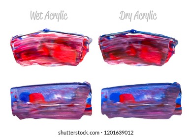 Vector colorful paint smear stroke stain set. Abstract acrylic textured art illustration. Texture Paint Stain Illustration. Hand drawn brush strokes vector elements. Purple, red, blue colors.