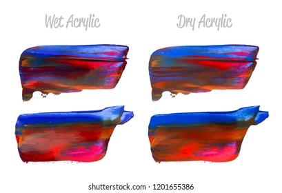 Vector colorful paint smear stroke stain set. Abstract acrylic textured art illustration. Texture Paint Stain Illustration. Hand drawn brush strokes vector elements. Purple, red, blue colors.