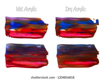 Vector colorful paint smear stroke stain set. Abstract acrylic textured art illustration. Texture Paint Stain Illustration. Hand drawn brush strokes vector elements. Purple, red, blue colors.
