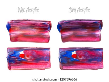 Vector colorful paint smear stroke stain set. Abstract acrylic textured art illustration. Texture Paint Stain Illustration. Hand drawn brush strokes vector elements. Purple, red, blue colors.