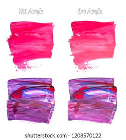 Vector colorful paint smear stroke stain set. Abstract acrylic textured art illustration. Texture Paint Stain Illustration. Hand drawn brush strokes vector elements. Purple, red, blue colors.