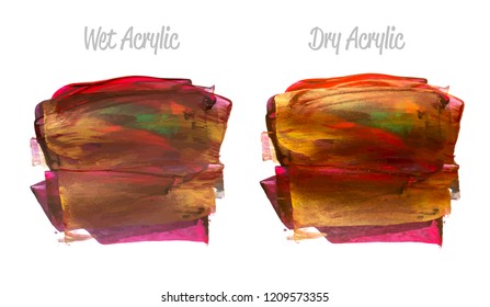 Vector colorful paint smear stroke stain set. Abstract acrylic textured art illustration. Texture Paint Stain Illustration. Hand drawn brush strokes vector elements. Red, gold, brown, violet, green