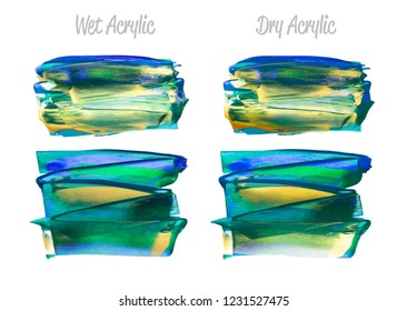 Vector colorful paint smear stroke stain set. Abstract acrylic textured art illustration. Texture Paint Stain Illustration. Hand drawn brush strokes vector elements. Yellow, green, gold colors.