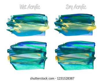 Vector colorful paint smear stroke stain set. Abstract acrylic textured art illustration. Texture Paint Stain Illustration. Hand drawn brush strokes vector elements. Yellow, green, gold colors.