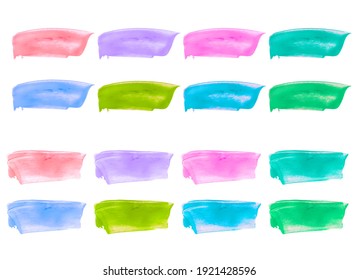 Vector colorful paint smear stroke stain set. Abstract textured art illustration. Acrylic Texture Paint Stain Illustration. Hand drawn brush strokes vector elements. Spring and summer colors.