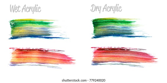 Vector colorful paint smear stroke set. Abstract colorful glittering textured art illustration. Wet and Dry Acrylic Texture Paint Illustration. Hand drawn brush strokes vector design elements.