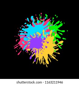 Vector Colorful Paint Splatters on Black Background, Ink Splash, Bright Colors.