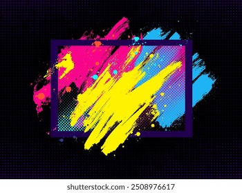 Vector colorful paint strokes on dark background. Vibrant color paint in border.