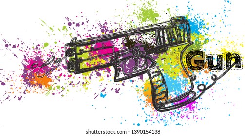 Vector colorful paint,drops, ink splashes, drawing of weapon and gun sign, illustration background, Logo.
