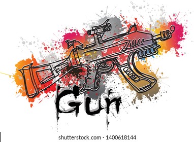 Vector colorful paint,drops, ink splashes, drawing of weapon and gun sign, Illustration background, Logo.
