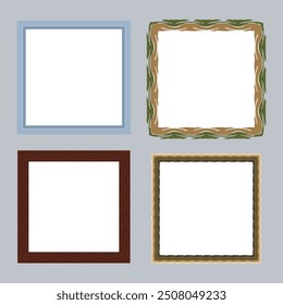 Vector colorful painting rectangle frame set, blank picture frame mockup, realistic frames for paintings, set of frame and black round ink stain