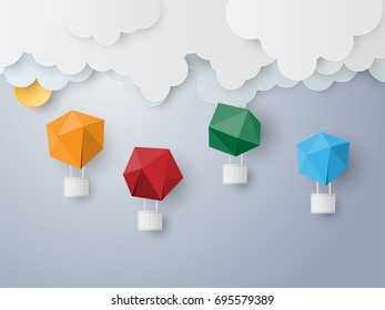 Vector Colorful paper balloons floating in the sky, paper art Style