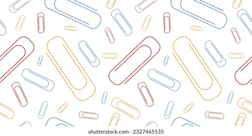 Vector Colorful Paper Clip Seamless Pattern Isolated on White Background. Office or School Supplies Texture. Perfect for office or school themes, wrapping paper, poster and banner, textile