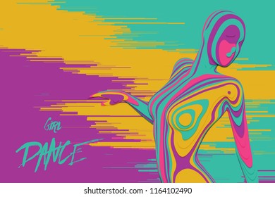 Vector colorful paper cut dancing girl figure. Elegant slow dancing pose. Concept of woman beauty in petite dance motion on glitch background. Intricated femine silhouette in a club