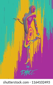 Vector colorful paper cut dancing girl figure. Elegant slow dancing pose. Concept of woman beauty in petite dance motion on glitch background. Intricated femine silhouette in a club