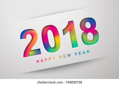 Vector colorful paper cut style 2018 Happy New Year design with text on white background.