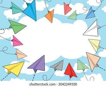 Vector colorful paper planes card or banner template. Empty cloud for text. Blue cloudy sky and flying paper planes pointing at white cloud background. Target, purpose and working concept. 