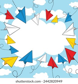 Vector colorful paper planes card or banner template. Empty cloud for text. Blue cloudy sky and flying paper planes pointing at white cloud background. Target, purpose and working concept. 