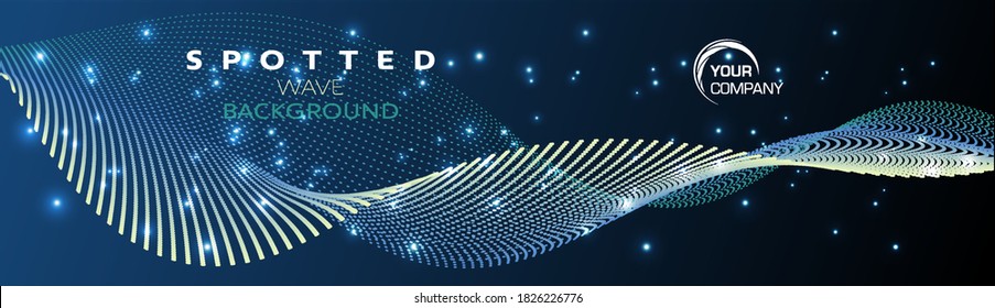 Vector colorful particle wave in blue and yellow color on gradient background with small light