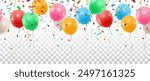 Vector colorful party balloons, confetti and streamers seamless pattern decorative border isolated on transparent background