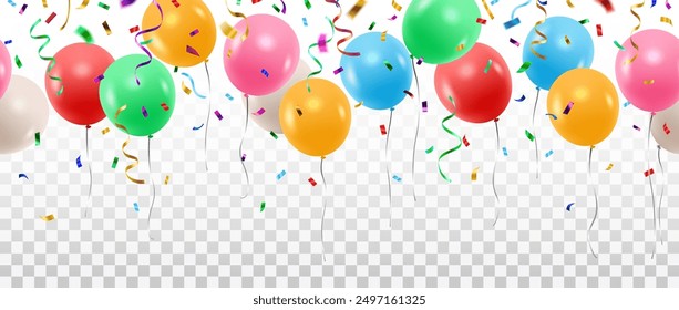 Vector colorful party balloons, confetti and streamers seamless pattern decorative border isolated on transparent background